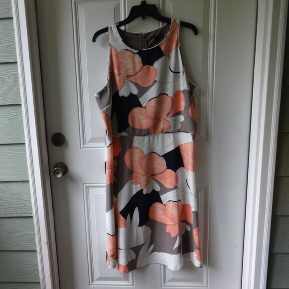 Ann Taylor sleeveless dress size 16, Poly. & Spandex, cream, peach, taupe, black - Picture 1 of 15